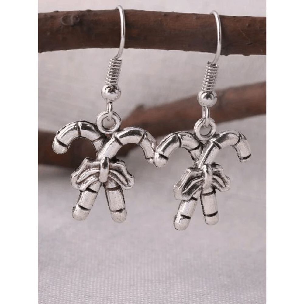 SILVER CHRISTMAS CANDY CANE BOW DANGLE EARRINGS